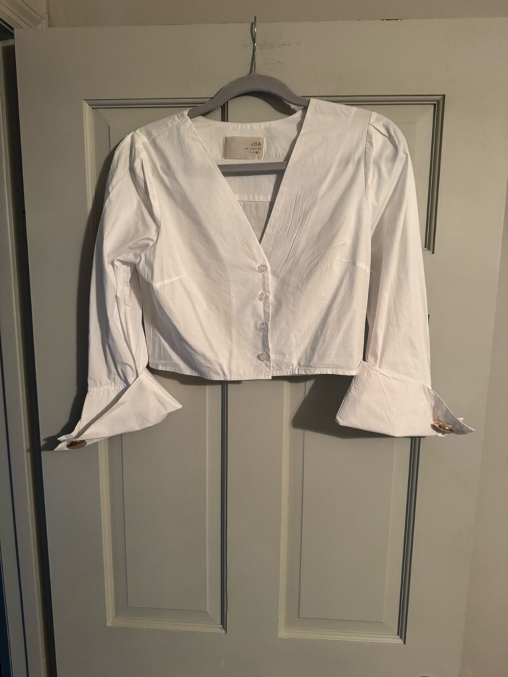 J.O.A. White Cropped V-Neck Button Front Blouse with Flared Cuffs